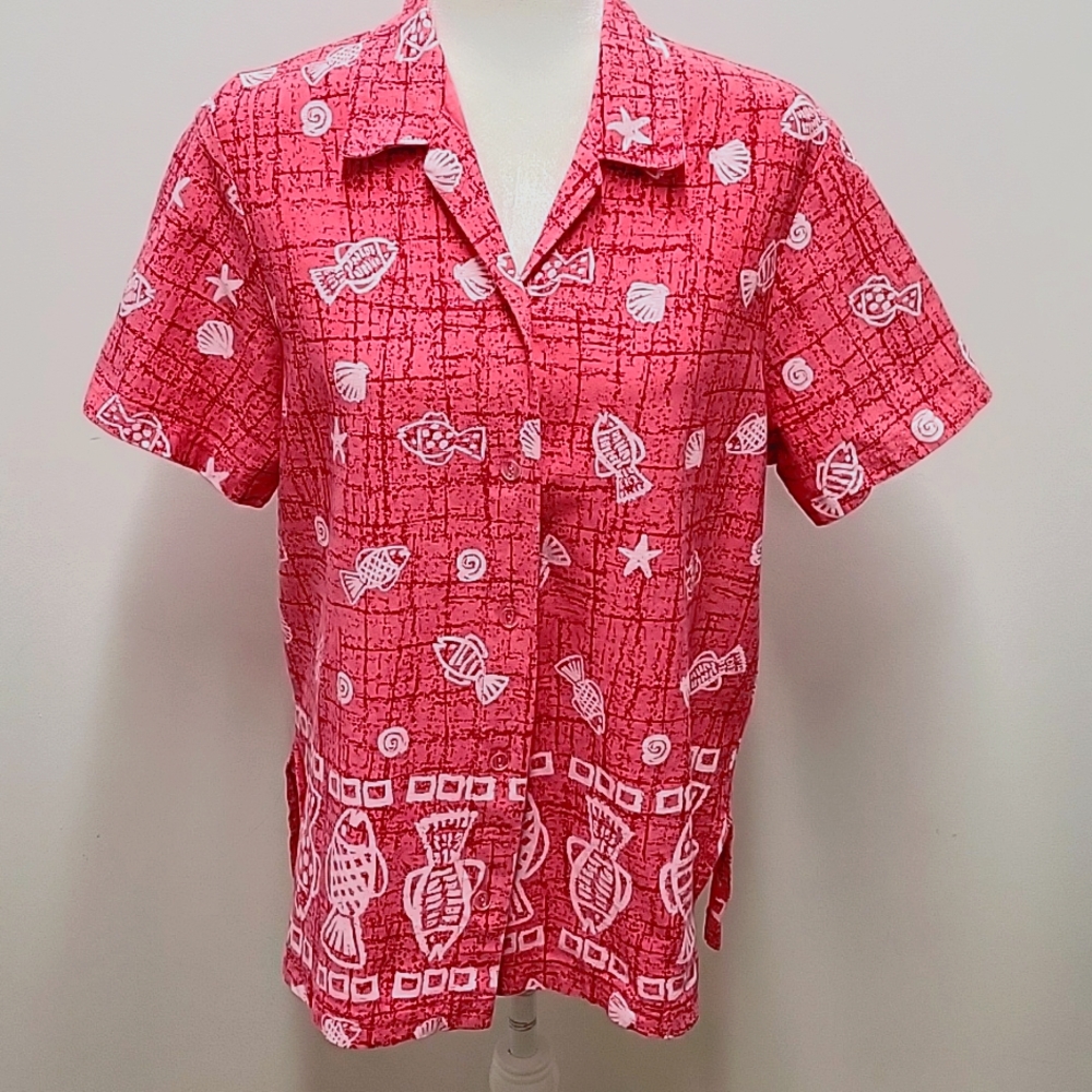 Dee California Blouse/Top Fish Seashells Starfish Button Front Collar Women's L